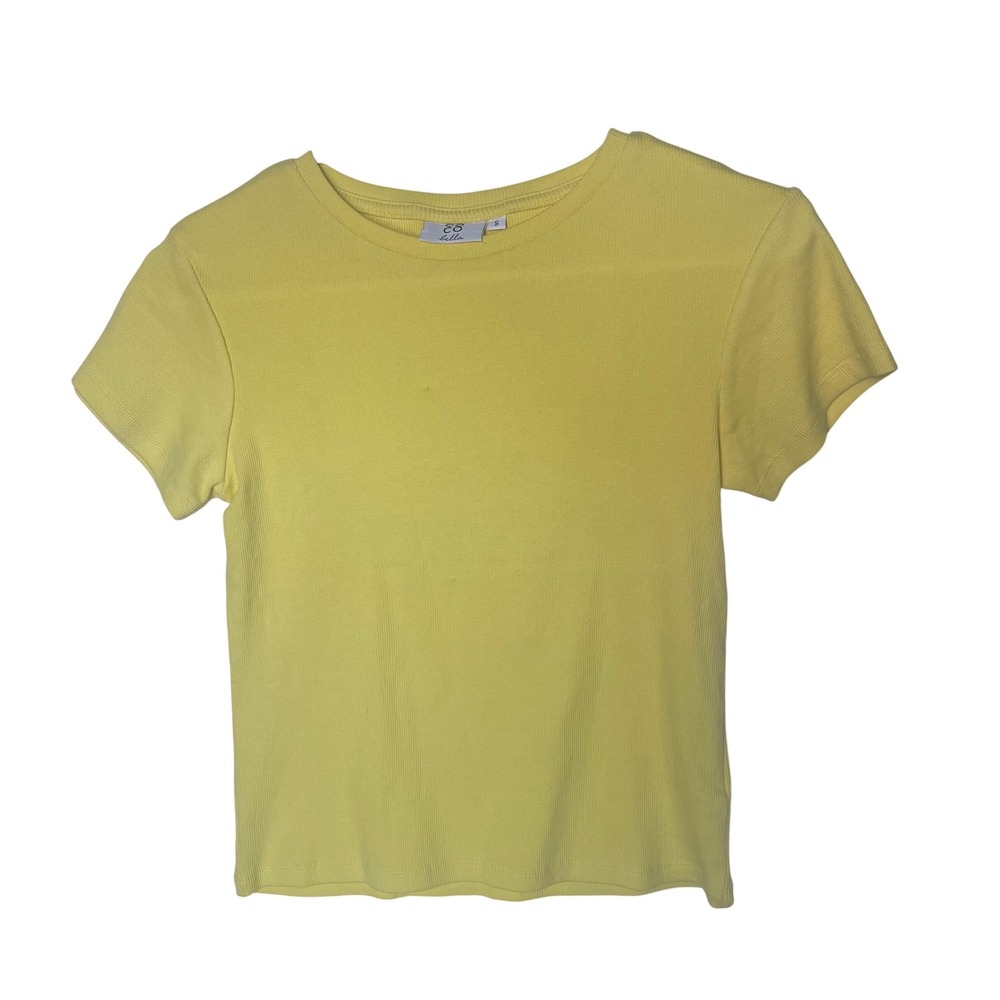 Coco Bella Womens Yellow Ribbed Short Sleeve Crew Neck T-Shirt‎ Small